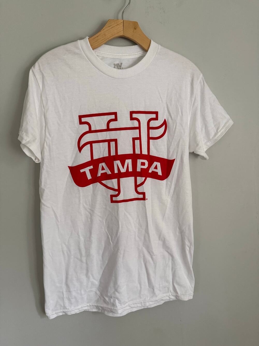 University of Tampa white t-shirt with red logo, size small, like new